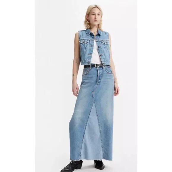 ❤️Levi’s NWT Iconic Long Contrast Denim Skirt - Picture 1 of 13